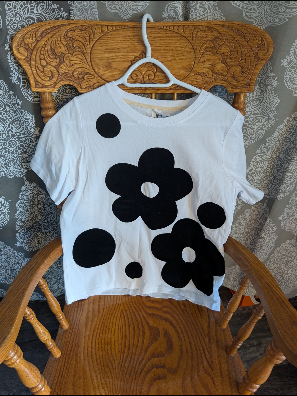 White Tee with Large Black Floral Graphic